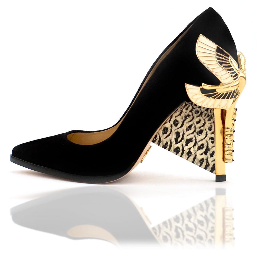 Signature Aurora Dragonfly Queen pumps in black kid suede with pointed toe, black leather welt, anaconda effect wrapped extended heel breast and Swarovski crystals in her tail with gold 4" or 100mm heel. 